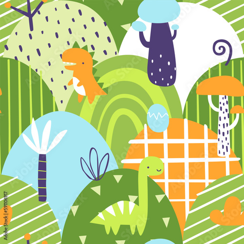 Cute jurassic pattern with dino on the hills. Seamless vector print with abstract jurassic landscape for baby textile and fabric.