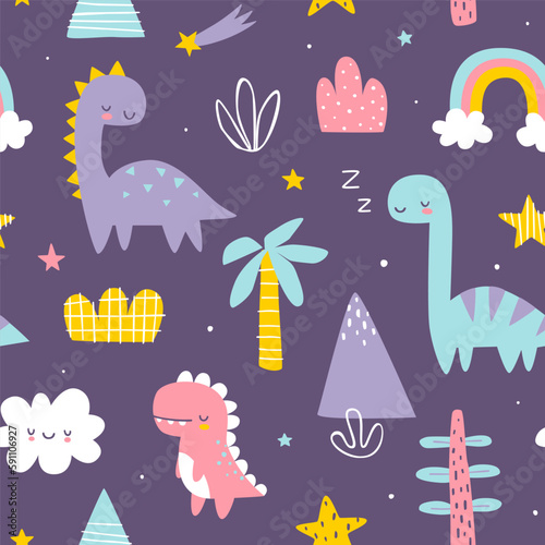 Seamless pattern with sleeping dino. Colorful print with cute dinosaurs for kids bedding and pajamas.