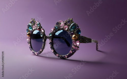 gemstones on designer sunglasses isolated on purple background, made with generative ai