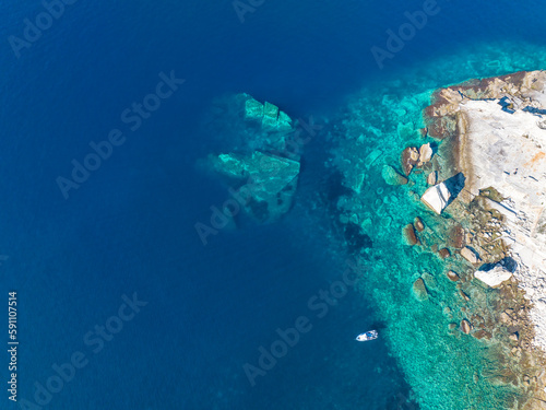 Drone photograph in the field of sail rocks in Foca district of Izmir province. Yelkenkaya - Foca