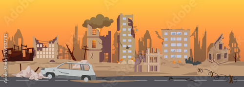 Vector of a city in ruins with destroyed, abandoned buildings, burned cars on streets