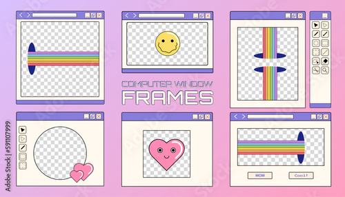 Set of computer opened window frames and borders on a colorful background, Y2K retro illustrations, frames for images.