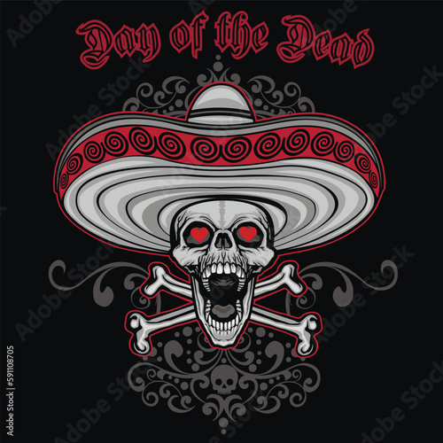Mexican skull and bones in sombrero  , grunge vintage design t shirts
