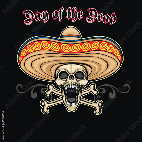 Mexican skull and bones in sombrero  , grunge vintage design t shirts