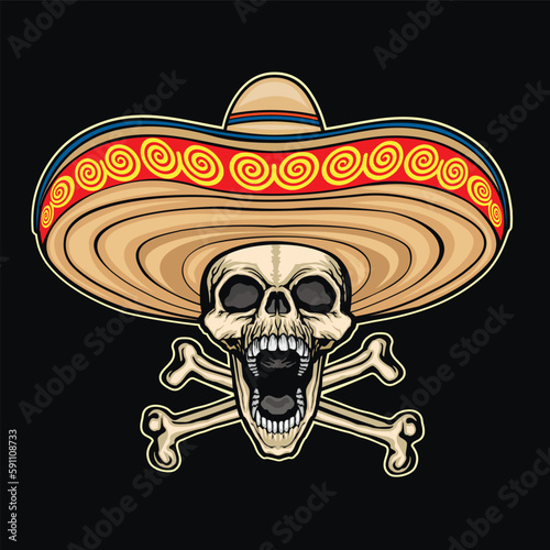 Mexican skull and bones in sombrero  , grunge vintage design t shirts
