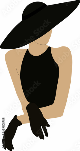 Silhouette of a girl in a hat on a white background, a girl in black