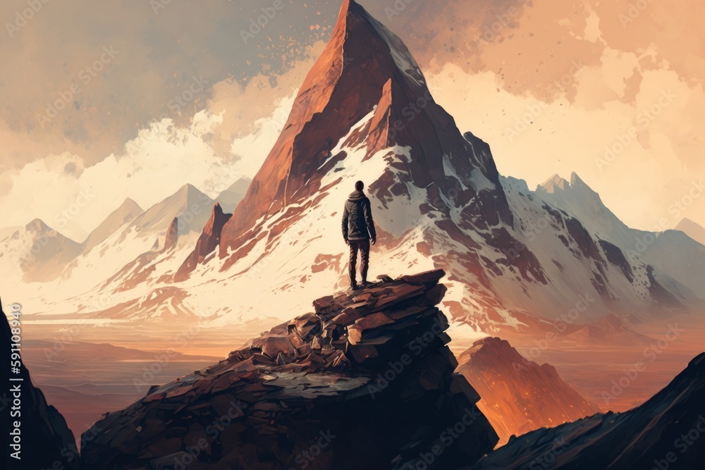Man on the mountain. Man standing on a hill looking at the strange mountain, Generative AI