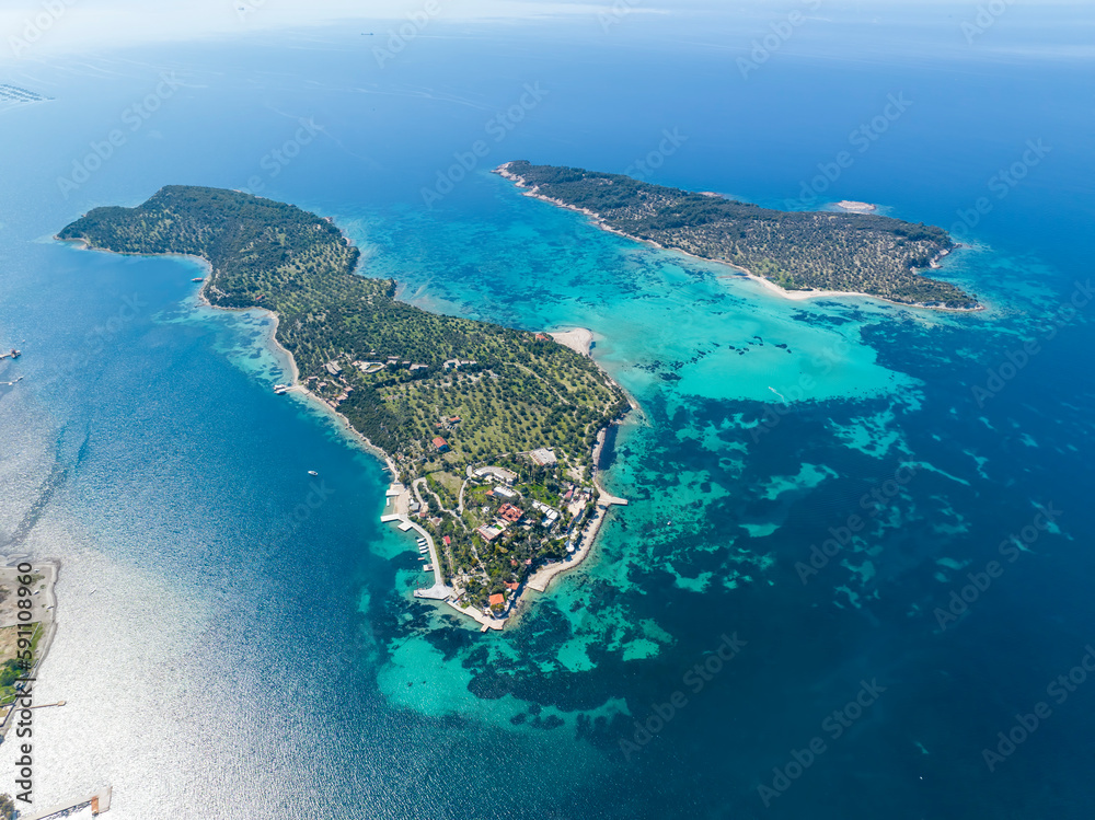Pen - Kalem Island  and Garip Island view with aerial drone. Dikili - Izmir - Turkey