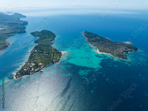 Pen - Kalem Island and Garip Island view with aerial drone. Dikili - Izmir - Turkey