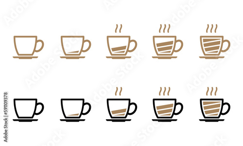 Battery level indicator in black and brown line and colored outline coffee cup on dish vector icon set