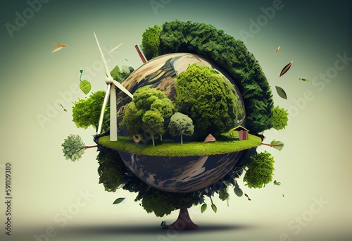 Environmentally friendly planet. Green trees, made of green leaves with cartoon sketch of alternative energy sources: wind turbine, solar panels, bioenergy plant. Ecology industry. Generative AI