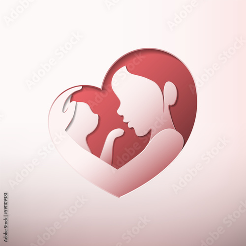 Woman holding a cat in heart shaped silhouette paper cutting art vector