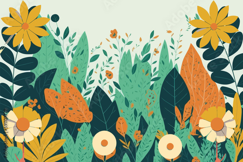 Vector illustration in trendy flat leaf's and  flowers  - spring and summer background with copy space for text - landscape with plants, leaves, flowers - background for banner, greeting card, poster