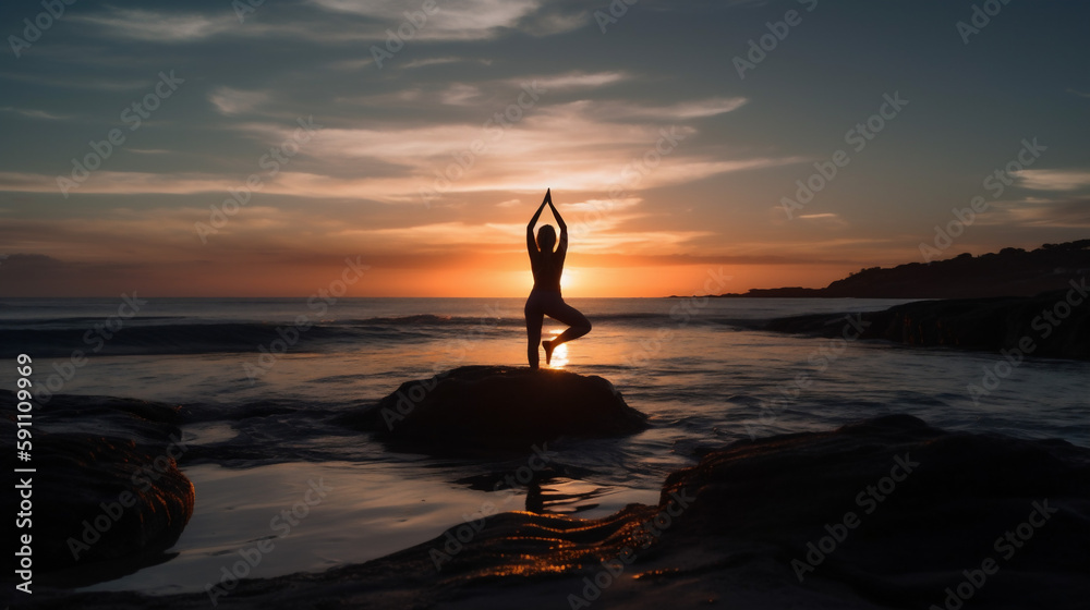 woman practicing yoga at sunset, high-angle, sanctuary, symbolic, travel, symbolic nabis, selective focus, mountain, river, orange, lens flare. Created using AI.