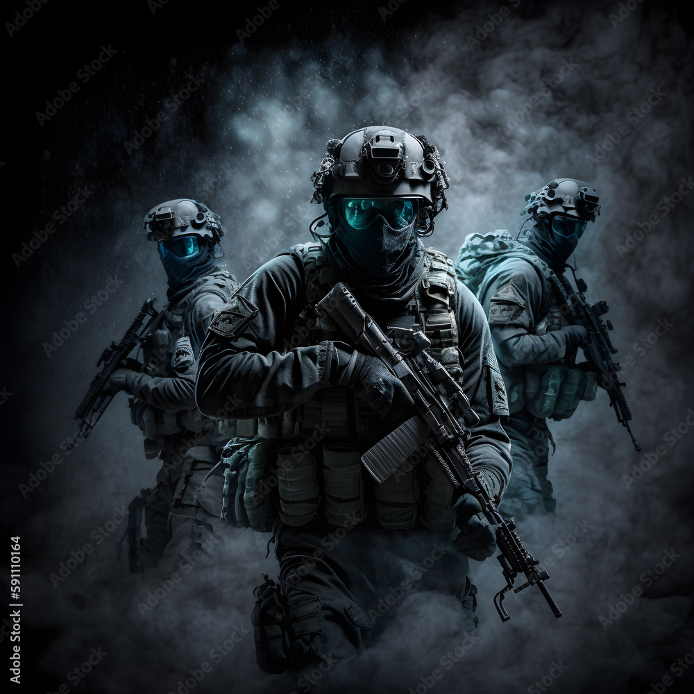 Group of special forces soldiers in action. Special forces soldiers in action