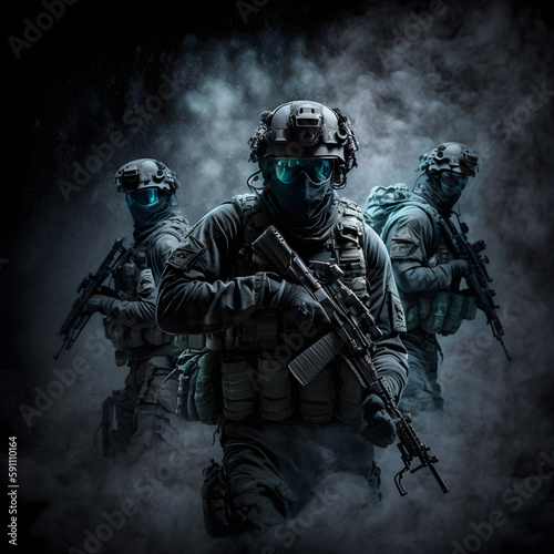 Group of special forces soldiers in action. Special forces soldiers in action