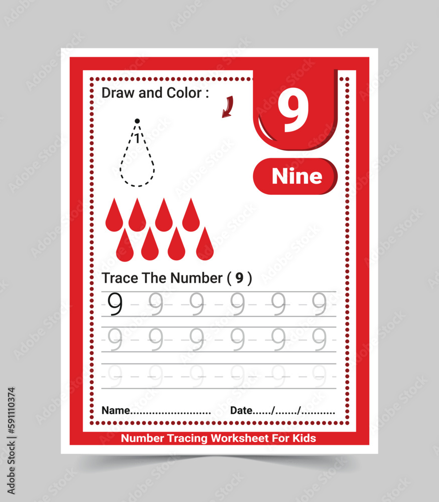 Number tracing worksheet for kids with coloring on page Stock Vector ...