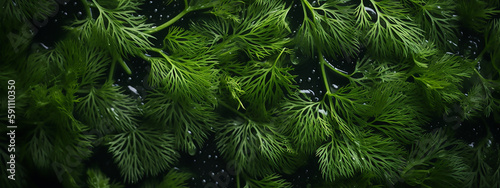 Lush dill fronds cascade across a dark backdrop  their delicate structures beaded with water  exuding freshness