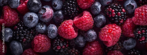 Banner of fresh raspberries  blueberries and blackberries  with water drops above them  close-up macro detail for background  packaging.