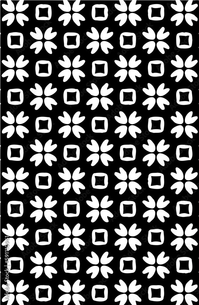 Seamless abstract geometric repeated grid pattern along with floral shapes design vector element in black color 