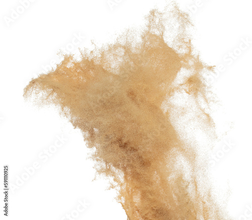 Sand flying explosion, Golden grain wave explode. Abstract cloud fly. Yellow colored sand splash throwing in Air. White background Isolated high speed shutter, throwing freeze stop motion