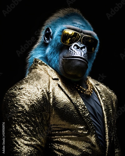 Stylish gorilla in sunglasses and a golden jacket on a black background