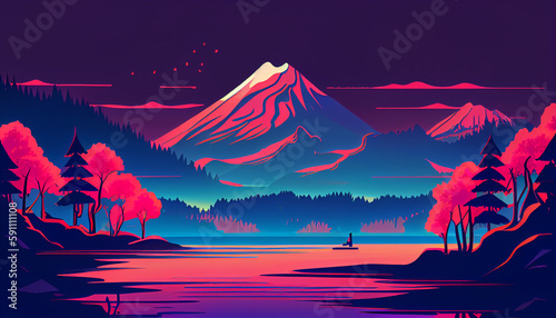 Mountain lake vibrant colorful neon Vintage Minimalistic, Generative AI