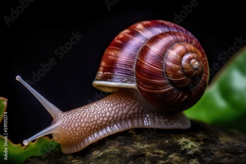 Large grape snail in forest or garden on dark background. Generative AI