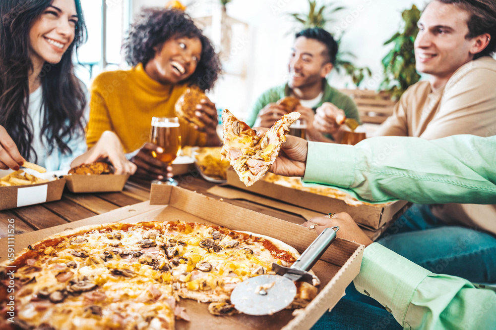 close-up image, A group of friends eating pizza in the party together. New  year party, Birthday party, Pizza party at home Stock Photo - Alamy