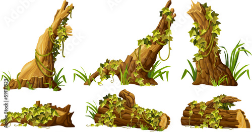 Stump, log with liana branches, ivy. Cartoon broken piece of wood and creeper jungle, tropical leaves. Isolated vector element for computer game on white background.