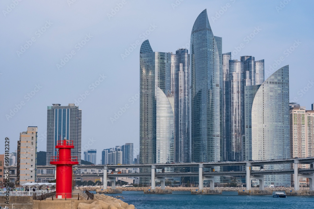 View of Skyline of Marine City at Haeundae-gu in Busan. You can also see a lighthouse of Minrak port.