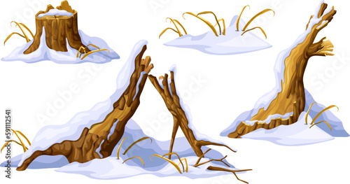 Stumps, wooden logs under snow. Cartoon tree winter. Broken oak and snowdrifts. Isolated vector elements game style on white background.