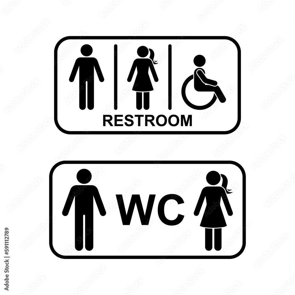Public toilet man woman people with disability WC direction vector frame set. Restroom sign symbol stick figure icon silhouette pictogram Public toilet man woman people with disability WC direction vector frame set. Restroom sign symbol stick figure icon silhouette pictogram