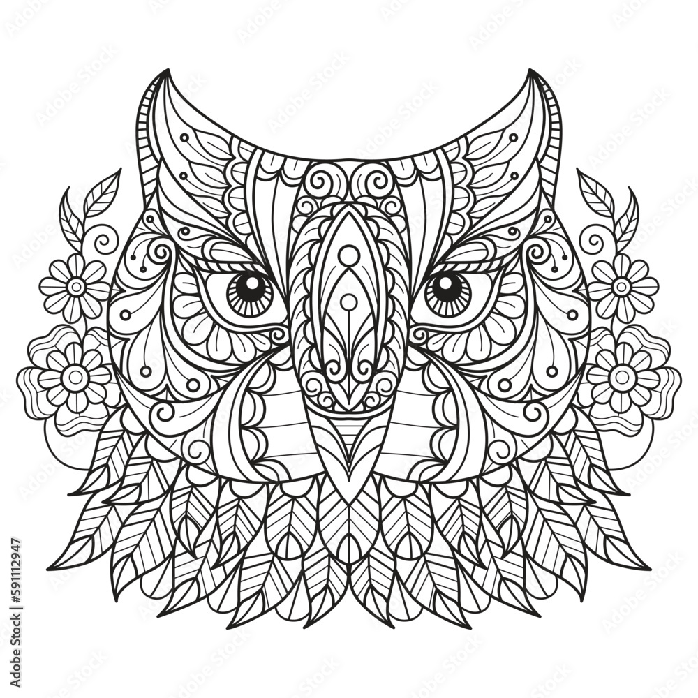 Owl and cute flower hand drawn for adult coloring book Owl and cute flower hand drawn for adult coloring book
