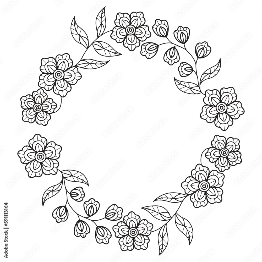 Fototapeta premium Wreath blooming flower hand drawn for adult coloring book