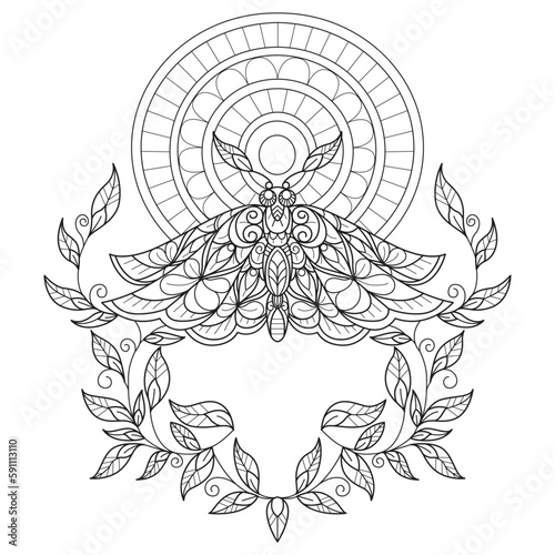 Butterfly and sun hand drawn for adult coloring book