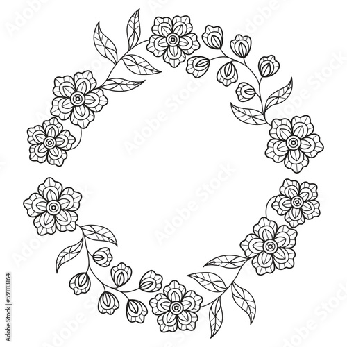 Wreath blooming flower hand drawn for adult coloring book