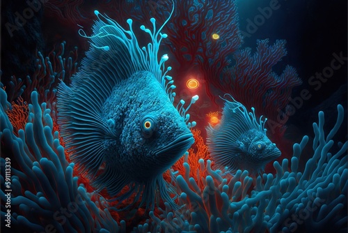 Alien fishes swimming underwater among corals, created with generative ai © Natalia