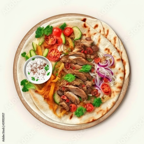 Top view of doner kebab or arabic meal with grilled meat. White background. Generative AI