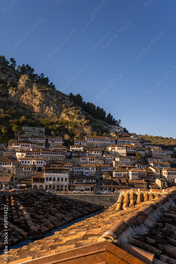 Berat, historic city in the south of Albania. white houses gathering on a hill.