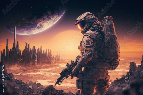 Sci-fi soldier with the gun. Futuristic soldier standing on city ruins against the glowing planet, Generative AI photo