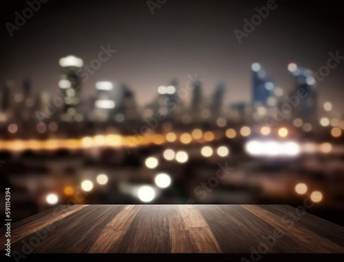 Wooden empty top table with blur night city view. Tabletop with light effect bokeh of cityscape on background. Generative AI