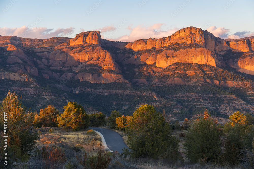 Mountain Range Rocs de Queralt at Sunset  in Pallars Jussa, Catalonia