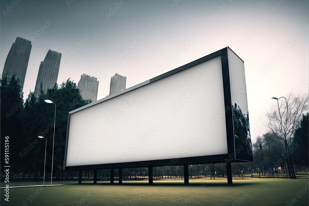 Obraz premium Wide blank billboard mockup in city square during day, created with generative ai