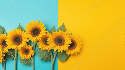 Spring  flowers of sunflowers background top view in flat lay style. Greeting for Womens or Mothers Day or Spring Sale Banner. Generative AI