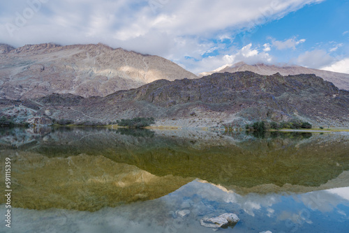 Hidden Buddhist Sacred Tso Yarab Lake. Himalaya mountains range. India, Ladakh, near Panamik, Sumur village, altitude 3300 m
