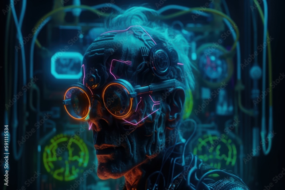 Fototapeta premium Old man in glasses, bright led matrix. Beautiful illustration picture. Generative AI