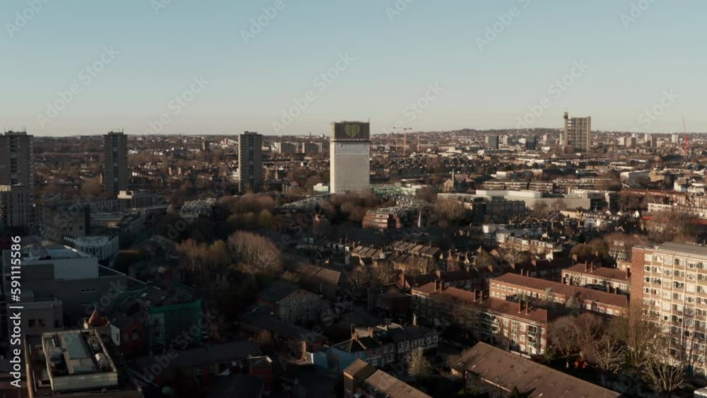 Descending aerial shot of Grenfell centre and surrounding neighbourhood London Descending aerial shot of Grenfell centre and surrounding neighbourhood London