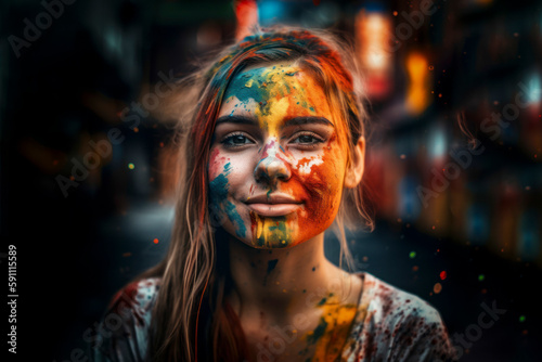 Creative Fun: Expressive Young Girl Splashes Colors with Joy. Generative AI illustration.