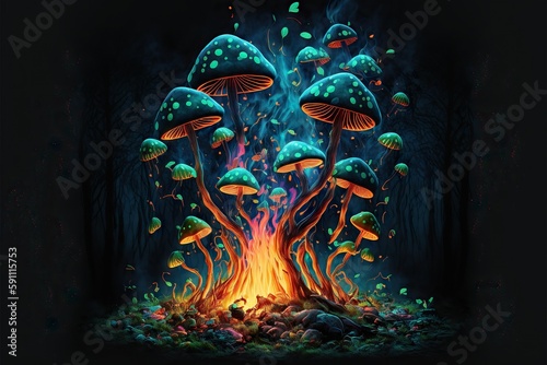 Psychedelic mushrooms burning in bonfire with green smoke in dark forest, created with generative ai